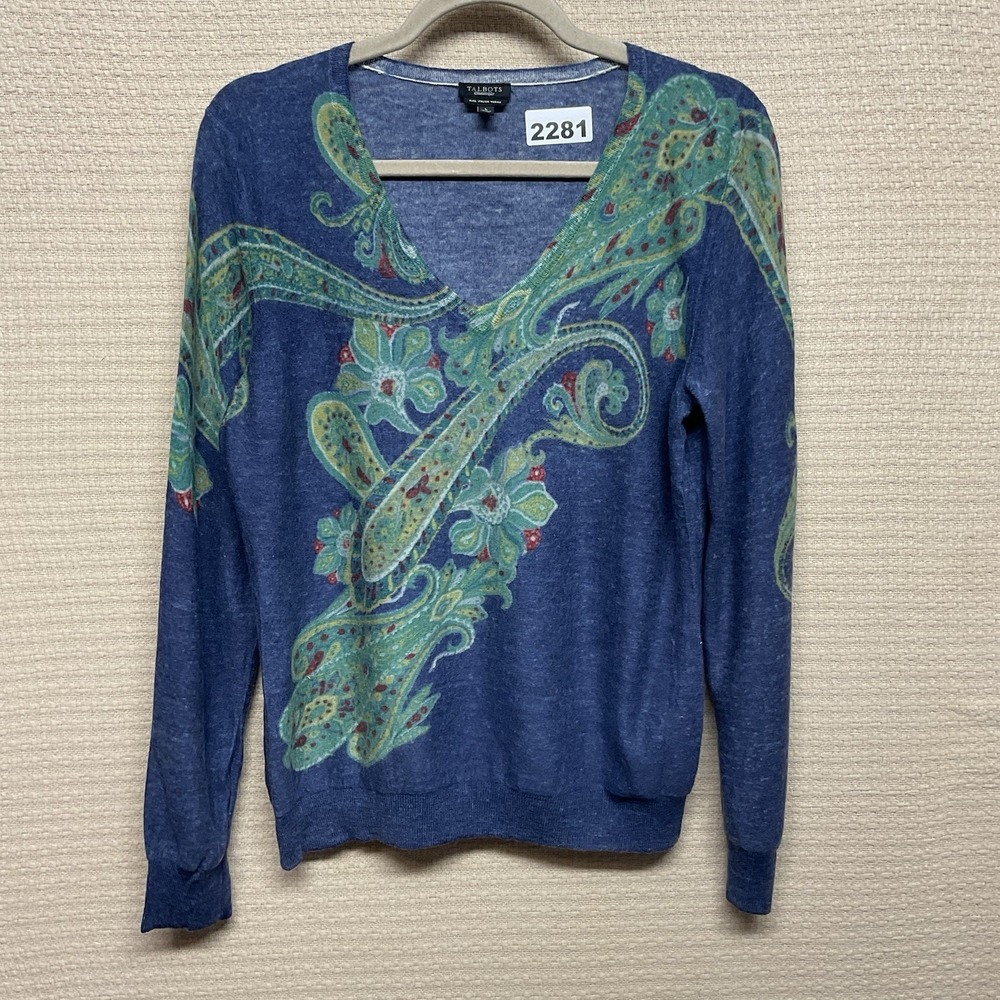 Talbots Merino Wool Sweater Size Large Pastel Blue Paisley Pullover V Neck‎